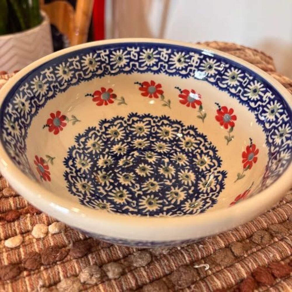 Manufaktura Polish Pottery Bowl 6.5” Blue Red Floral Hand Painted Boleslawiec